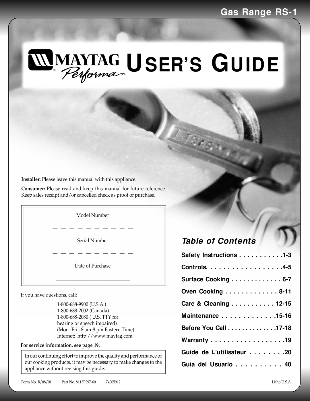 Maytag manual Gas Range RS-1, Table of Contents, User’S Guide 