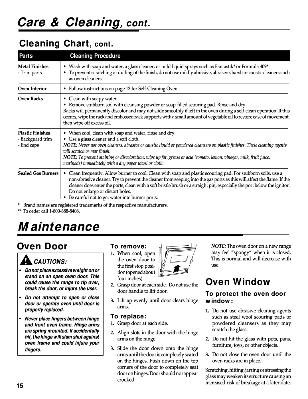 Maytag RS-1 Maintenance, Cleaning Chart, cont, Oven Door, Oven Window, Care & Cleaning, cont, Parts, Cleaning Procedure 