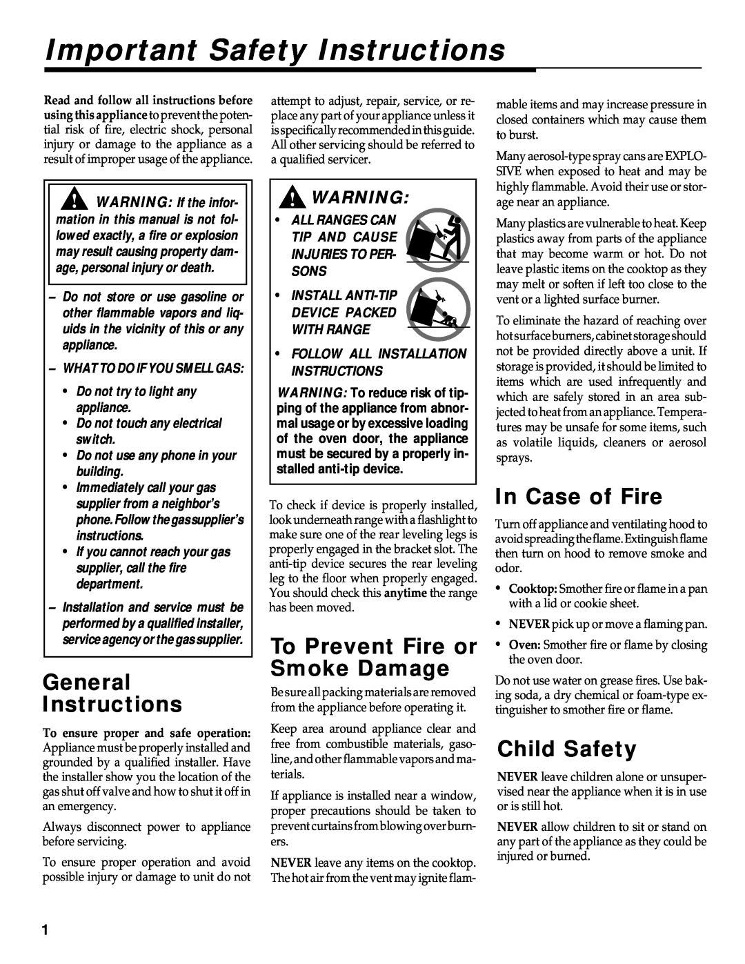 Maytag RS-1 manual Important Safety Instructions, General Instructions, To Prevent Fire or Smoke Damage, In Case of Fire 