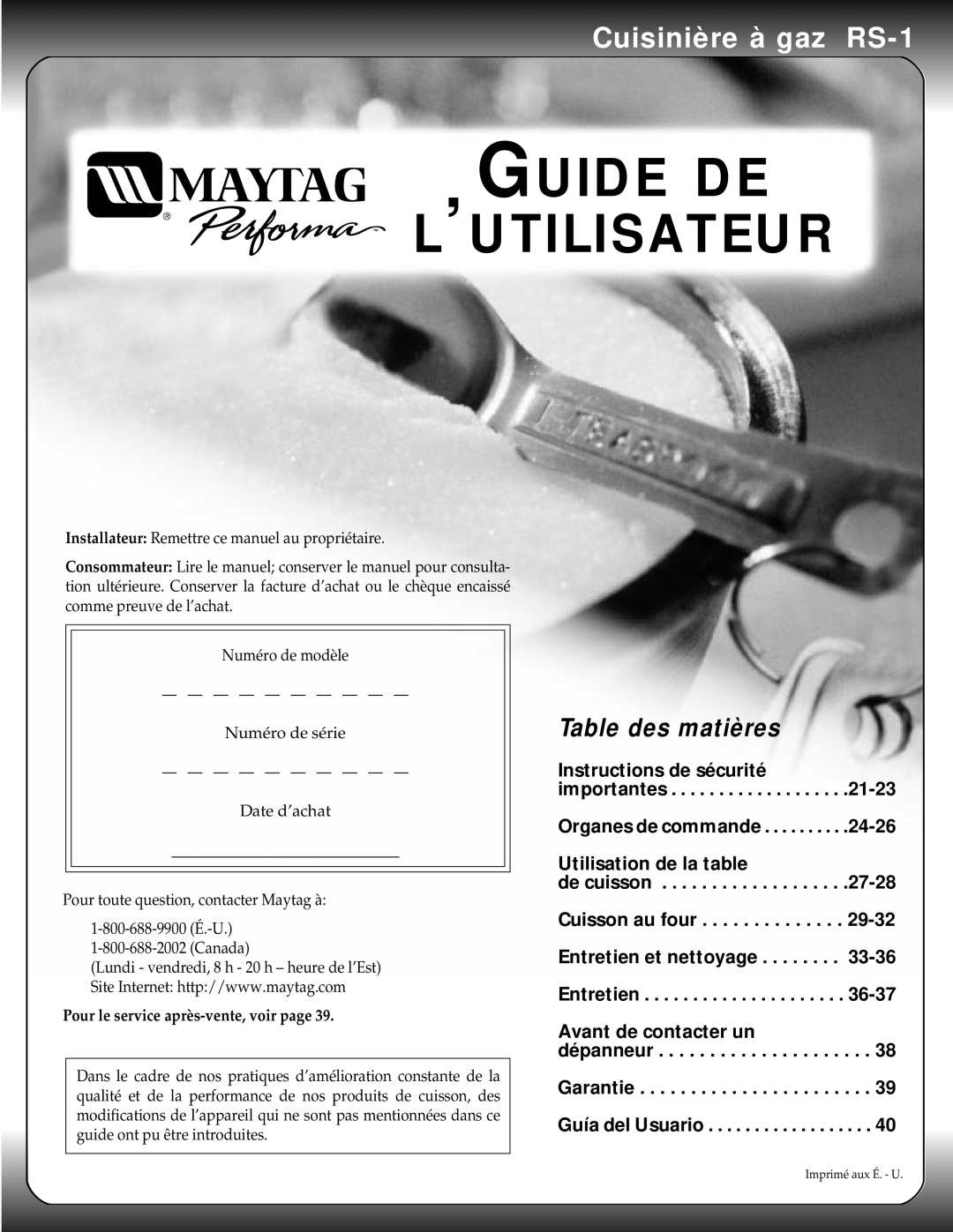 Maytag manual Guide De L’Utilisateur, Cuisinière à gaz RS-1, Table des matières 