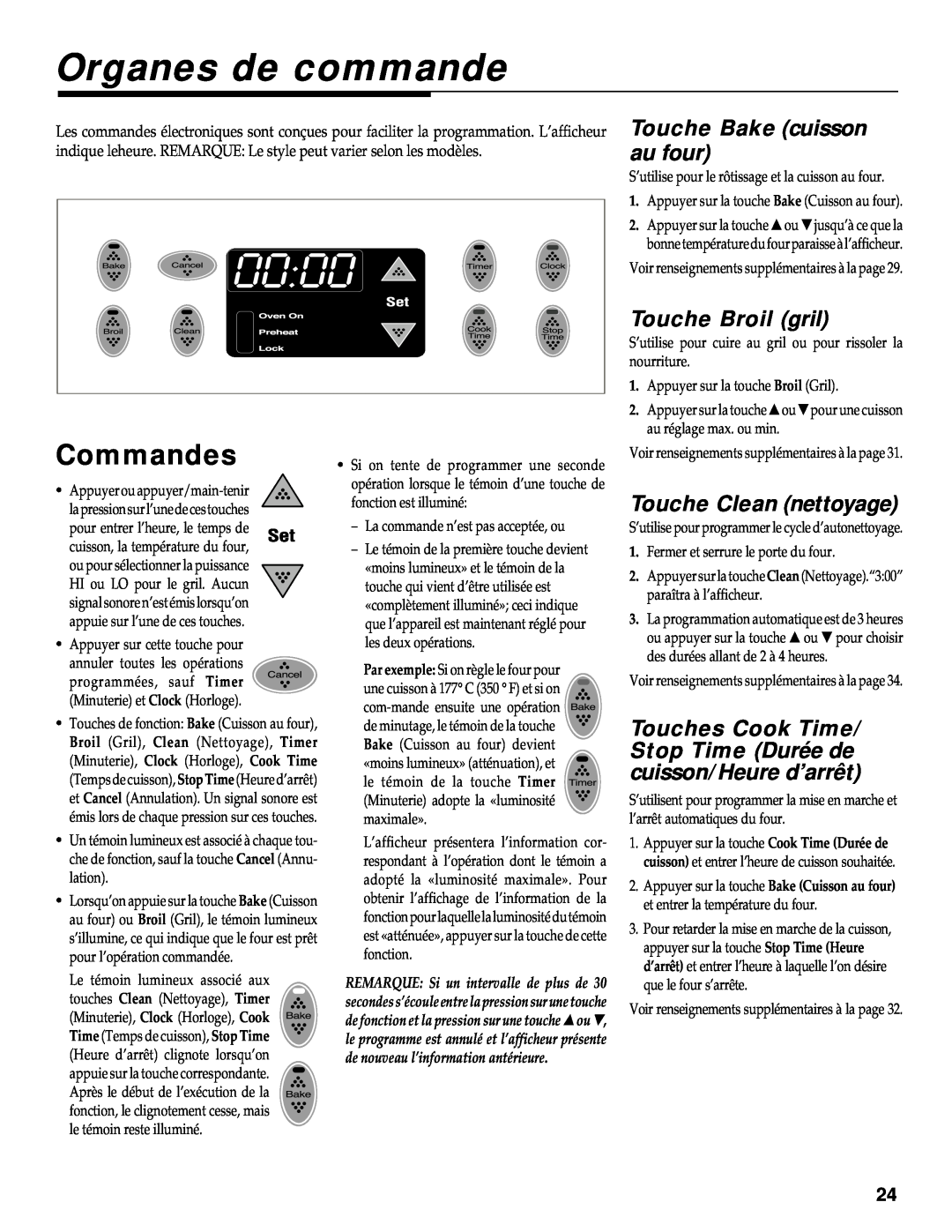 Maytag RS-1 manual Organes de commande, Commandes, Touche Bake cuisson au four, Touche Broil gril, Touche Clean nettoyage 