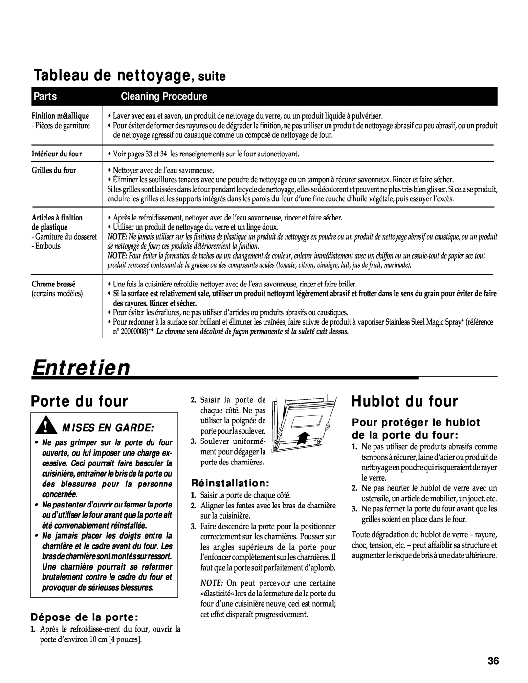 Maytag RS-1 Entretien, Tableau de nettoyage, suite, Porte du four, Hublot du four, Parts, Cleaning Procedure, de plastique 