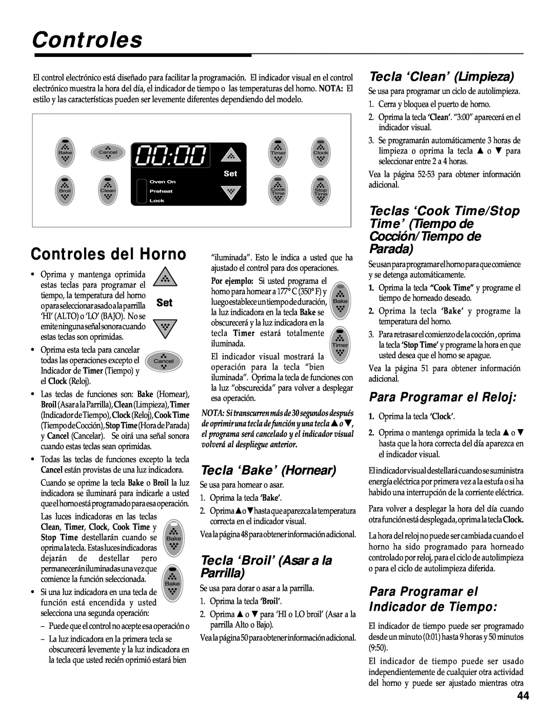 Maytag RS-1 manual Controles del Horno, Tecla ‘Clean’ Limpieza, Tecla ‘Bake’ Hornear, Tecla ‘Broil’ Asar a la Parrilla 