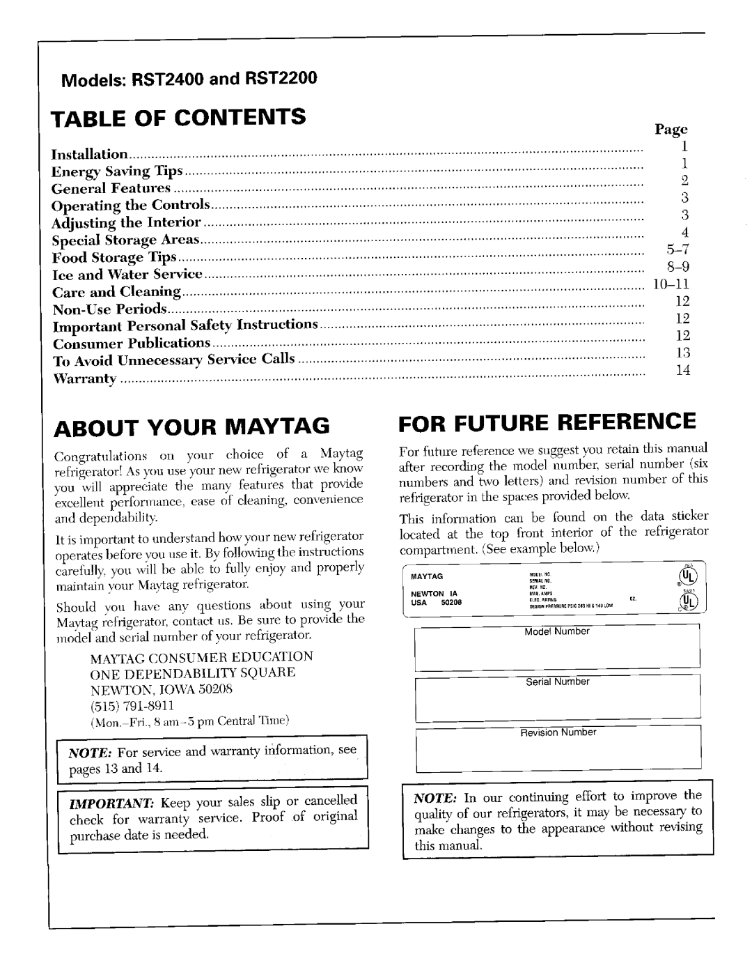 Maytag RST2400, RST2200 warranty Table of Contents, About Your Maytag, For Future Reference 