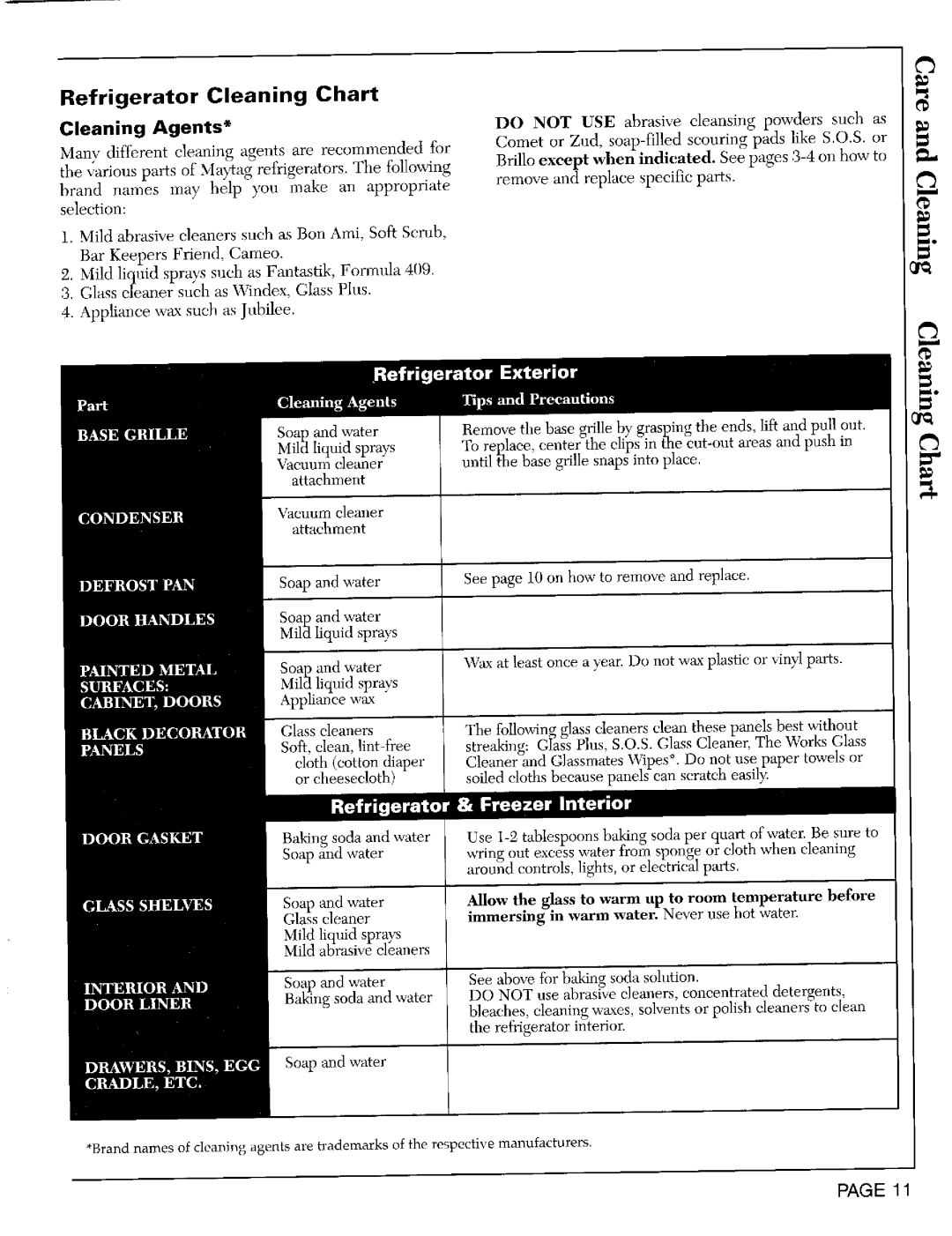 Maytag RST2200, RST2400 warranty Refrigerator Cleaning Chart Cleaning Agents, Do not USE abrasive cleansing powders such as 