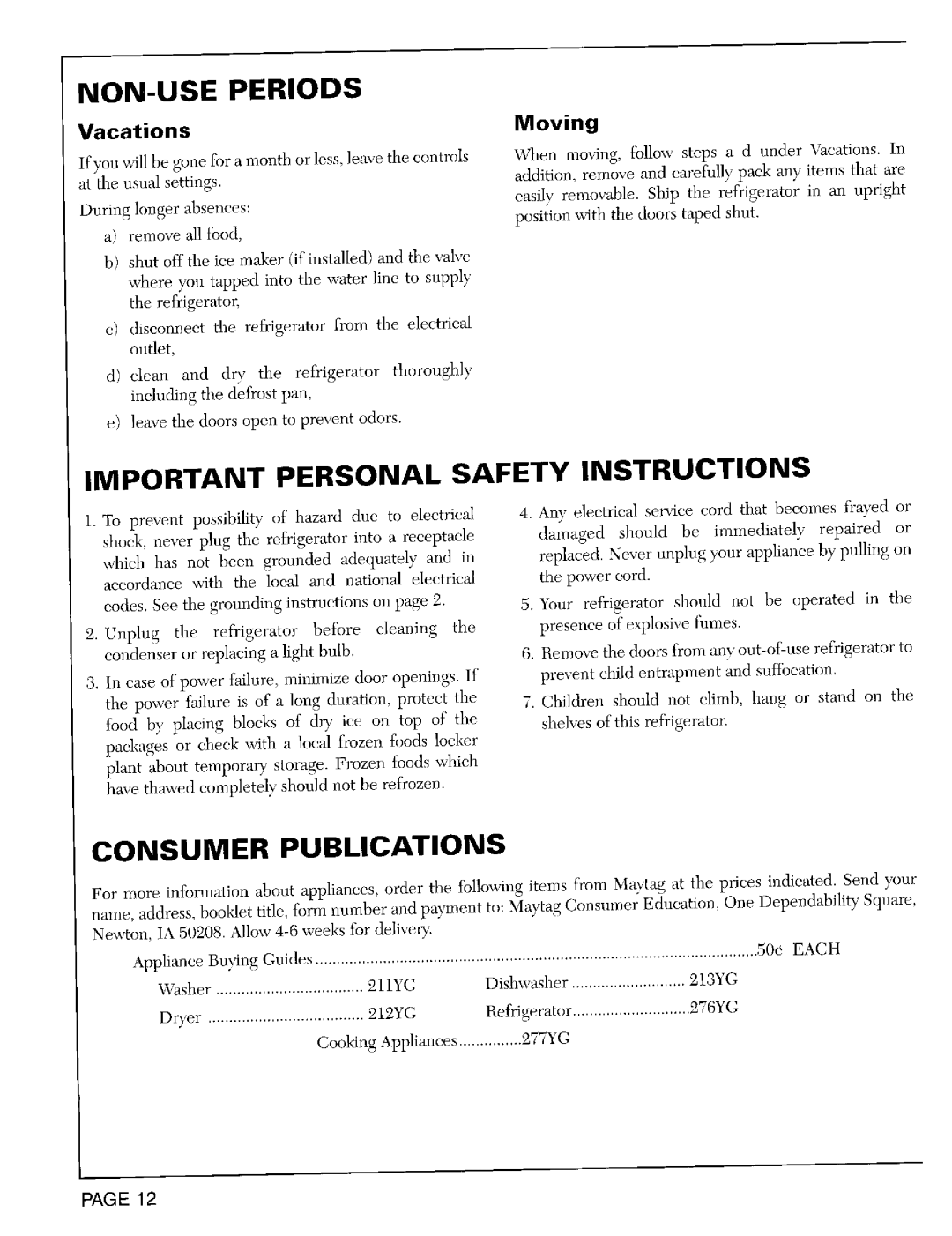 Maytag RST2400, RST2200 NON-USE Periods, Important Personal Safety Instructions, Consumer Publications, Vacations, Moving 