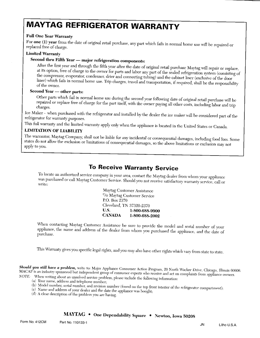 Maytag RST2400, RST2200 warranty Maytag Refrigerator Warranty, To Receive Warranty Service 