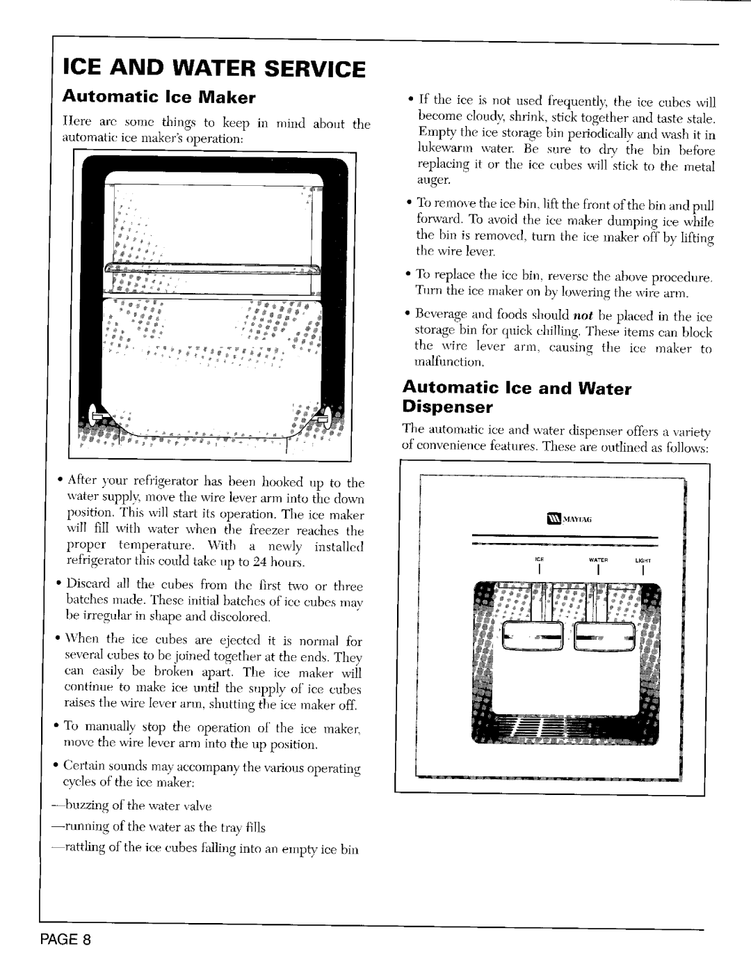 Maytag RST2400, RST2200 warranty ICE and Water Service, Automatic Ice and Water Dispenser 