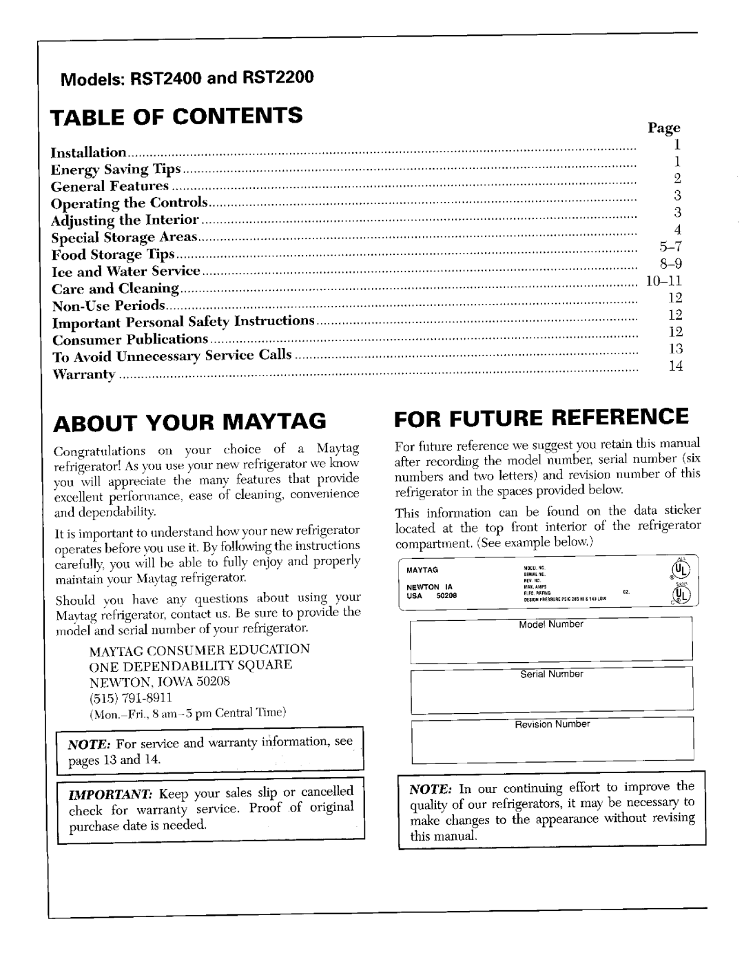 Maytag warranty Table Of Contents, About Your Maytag, For Future Reference, Models RST2400 and RST2200, Food Storage 