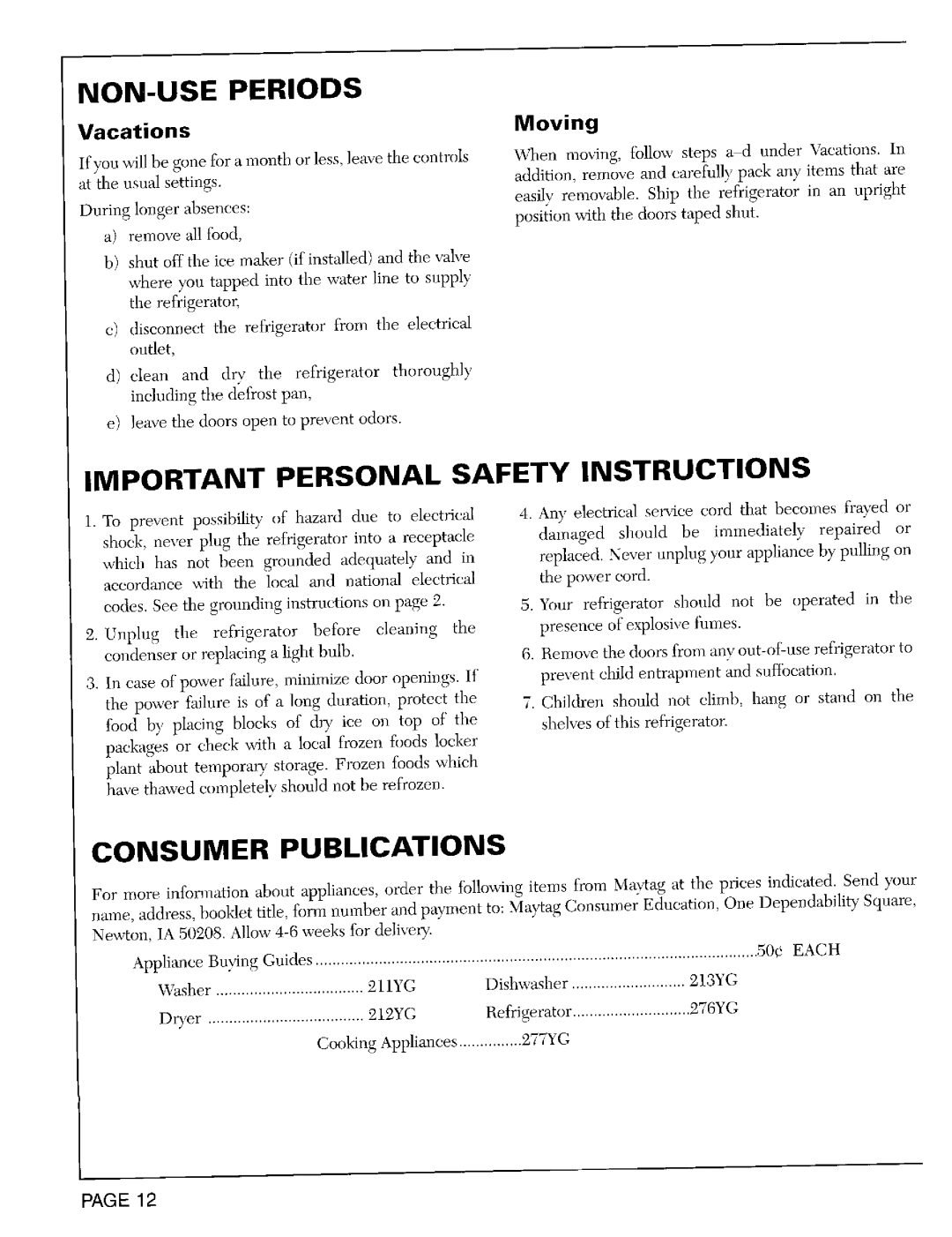 Maytag RST2400 Non-Useperiods, Important Personal Safety Instructions, Consumer Publications, Vacations, Moving, Page 