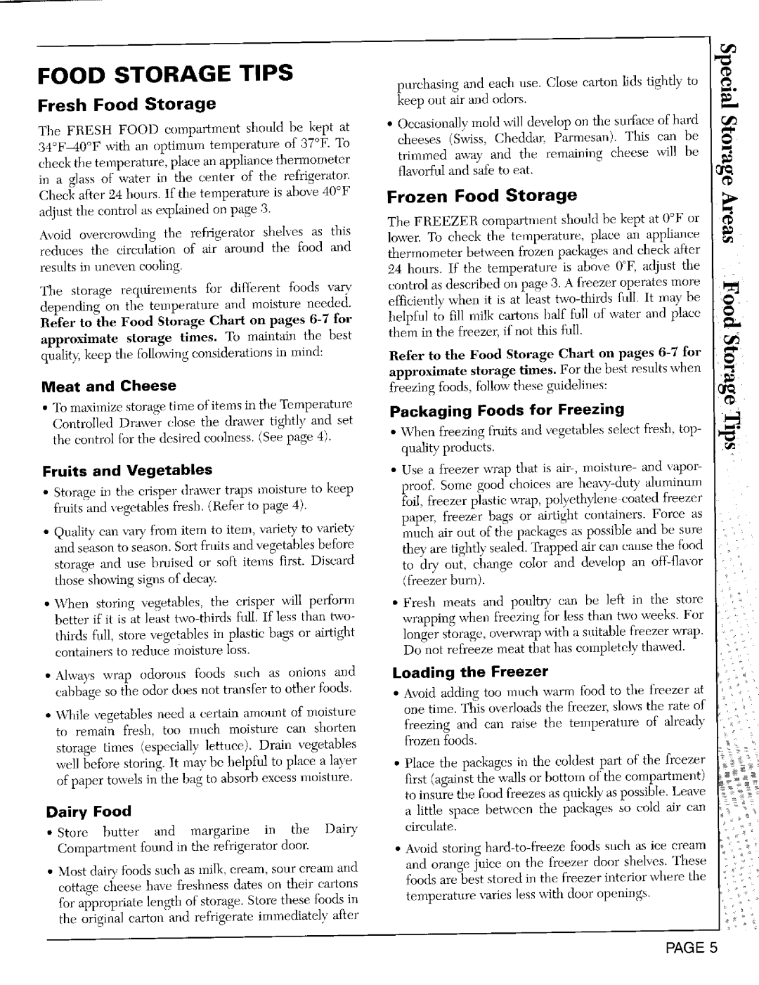 Maytag RST2200 Food Storage Tips, Frozen Food Storage, Fresh Food Storage, Meat and Cheese, Fruits and VegetabLes, Foods 