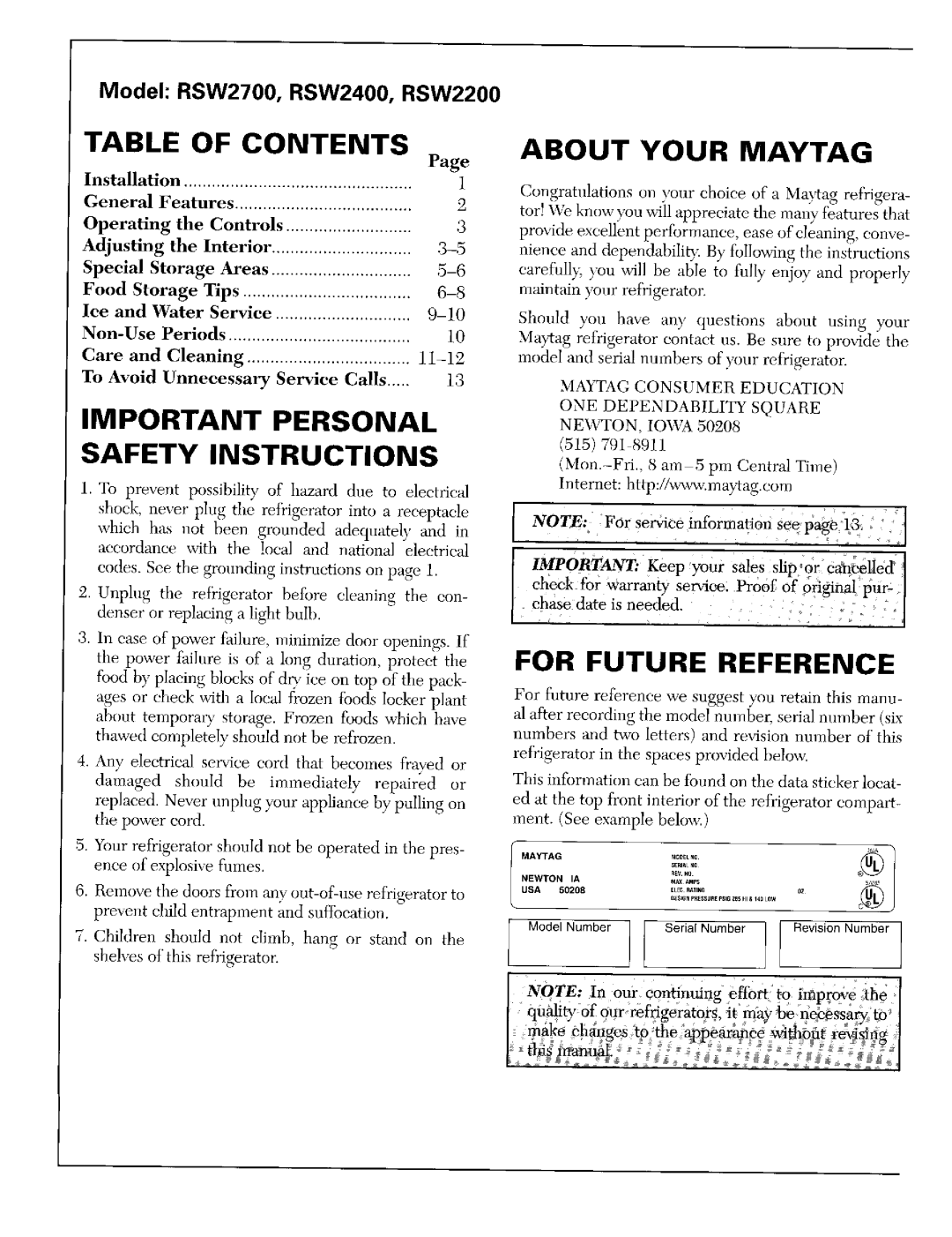 Maytag RSW2200, RSW2400, RSW2700 warranty Table of Contents 