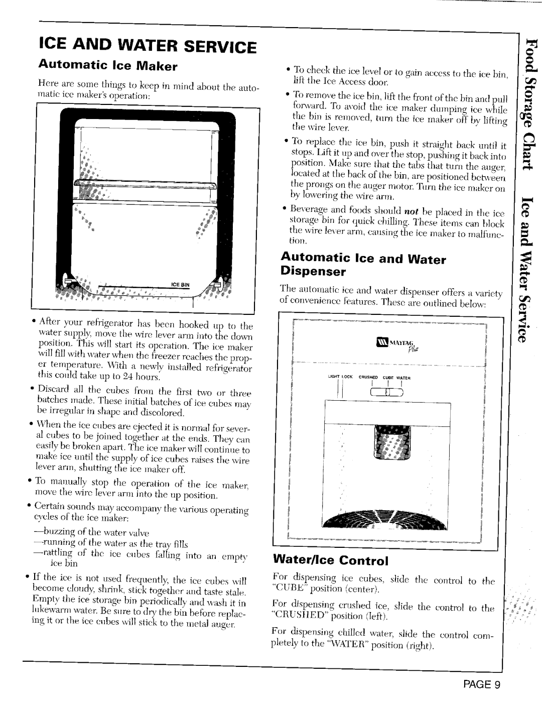 Maytag RSW2200, RSW2400, RSW2700 warranty ICE and Water Service, Water/Ice Control, Automatic Ice Water Dispenser 