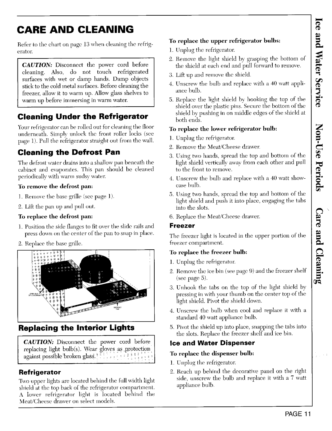 Maytag RSW2400 Care and Cleaning, Cleaning Under the Refrigerator, Cleaning the Defrost Pan, Replacing the Interior Lights 