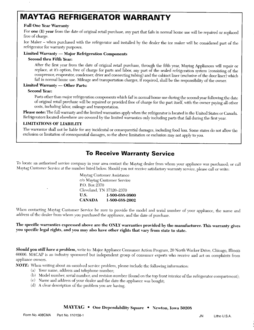 Maytag RSW2400, RSW2200, RSW2700 warranty Maytag Refrigerator Warranty, To Receive Warranty Service 