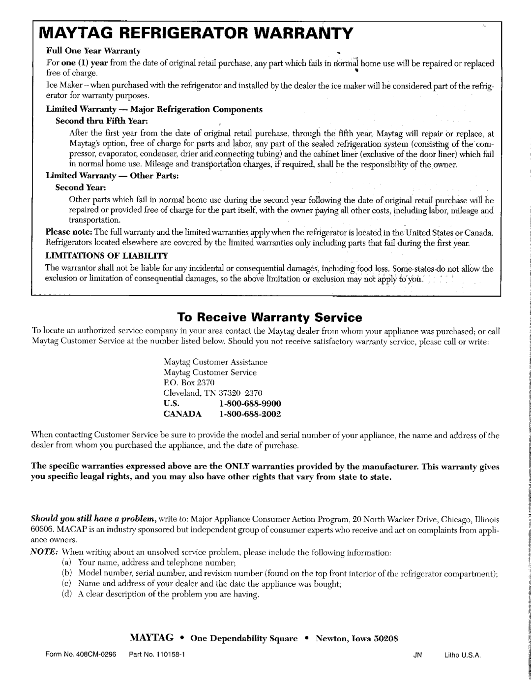 Maytag RSW2200, RSW2400, RSW2700 warranty To Receive Warranty Service 