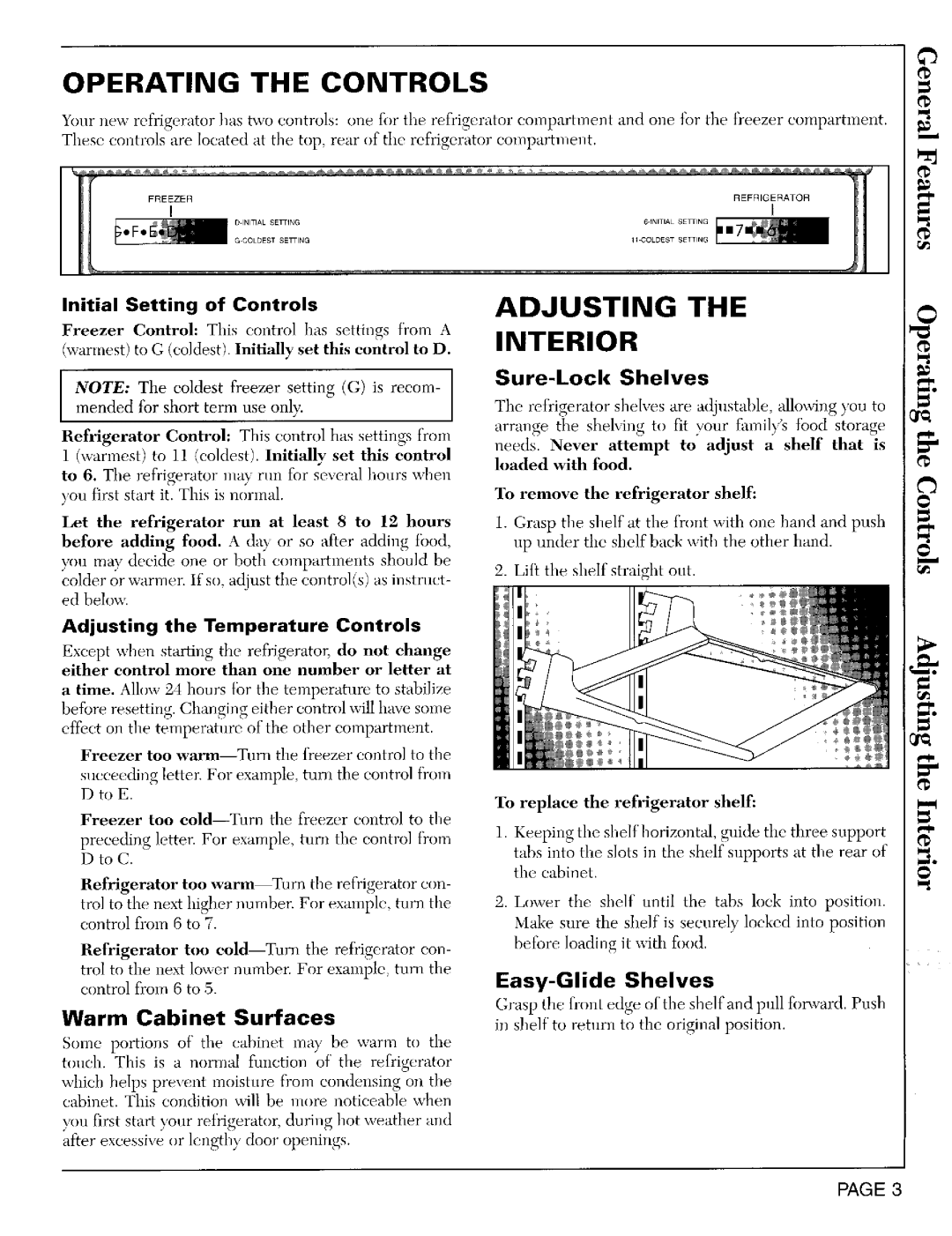 Maytag RSW2200, RSW2400, RSW2700 Operating the Controls, Warm Cabinet Surfaces, Initial Setting Controls, Sure-Loci Shelves 