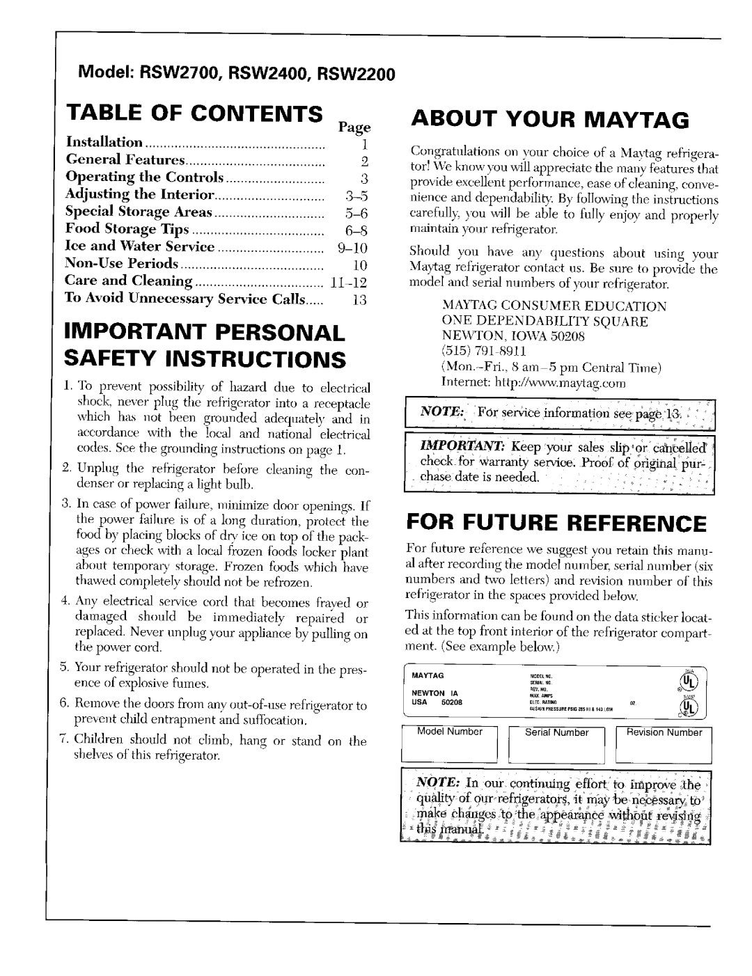 Maytag warranty Model: RSW2700, RSW2400, RSW2200, Table Of Contents, About Your Maytag, 79is lJ, uArraG 