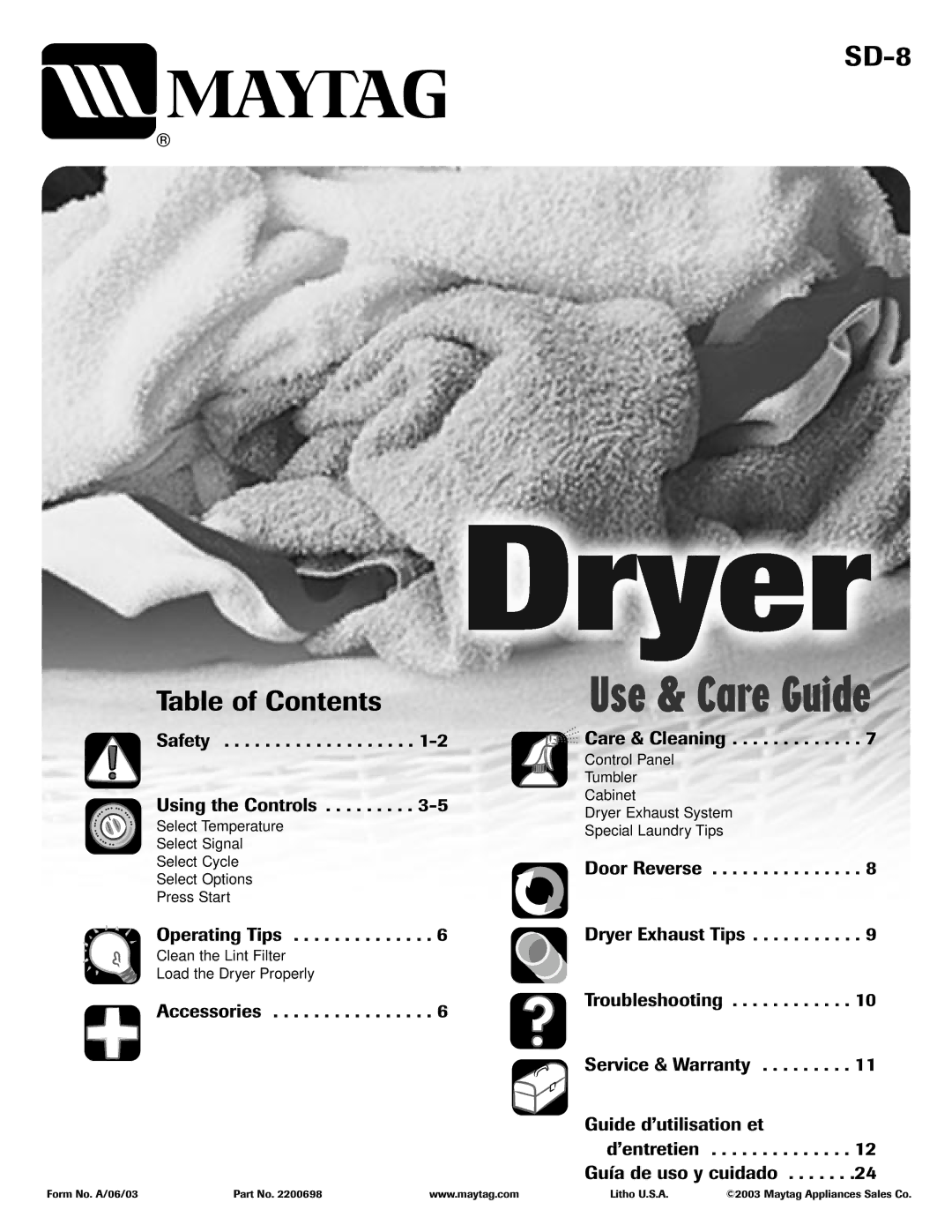 Maytag S-8 warranty Use & Care Guide, SD-8 Table of Contents 