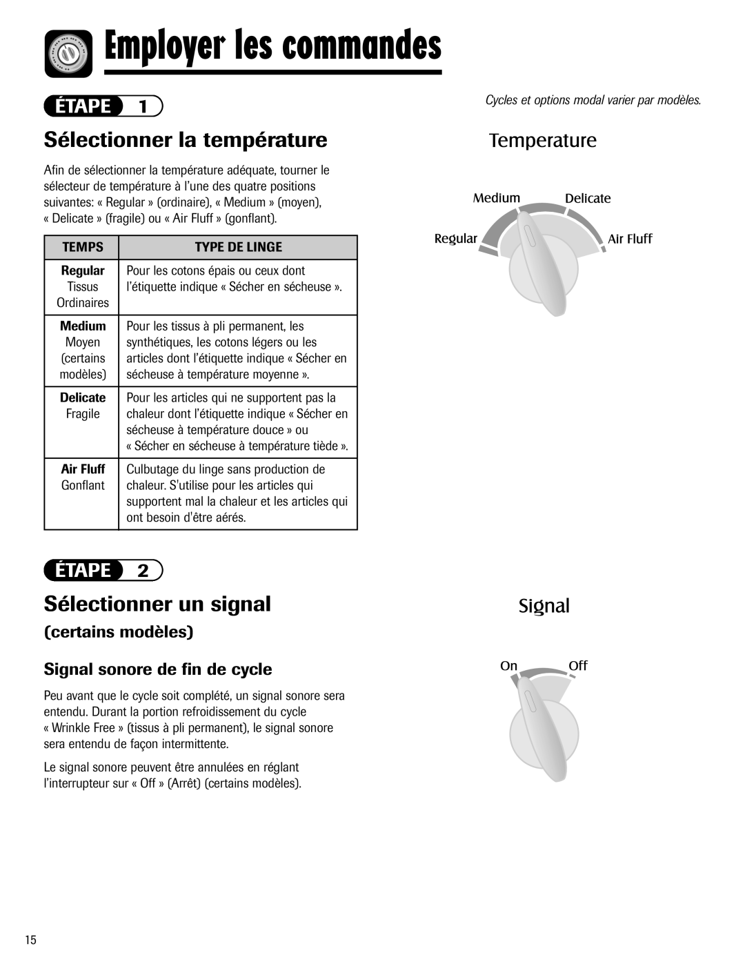 Maytag S-8 warranty Employer les commandes, Sélectionner la température, Sélectionner un signal, Temps Type DE Linge 