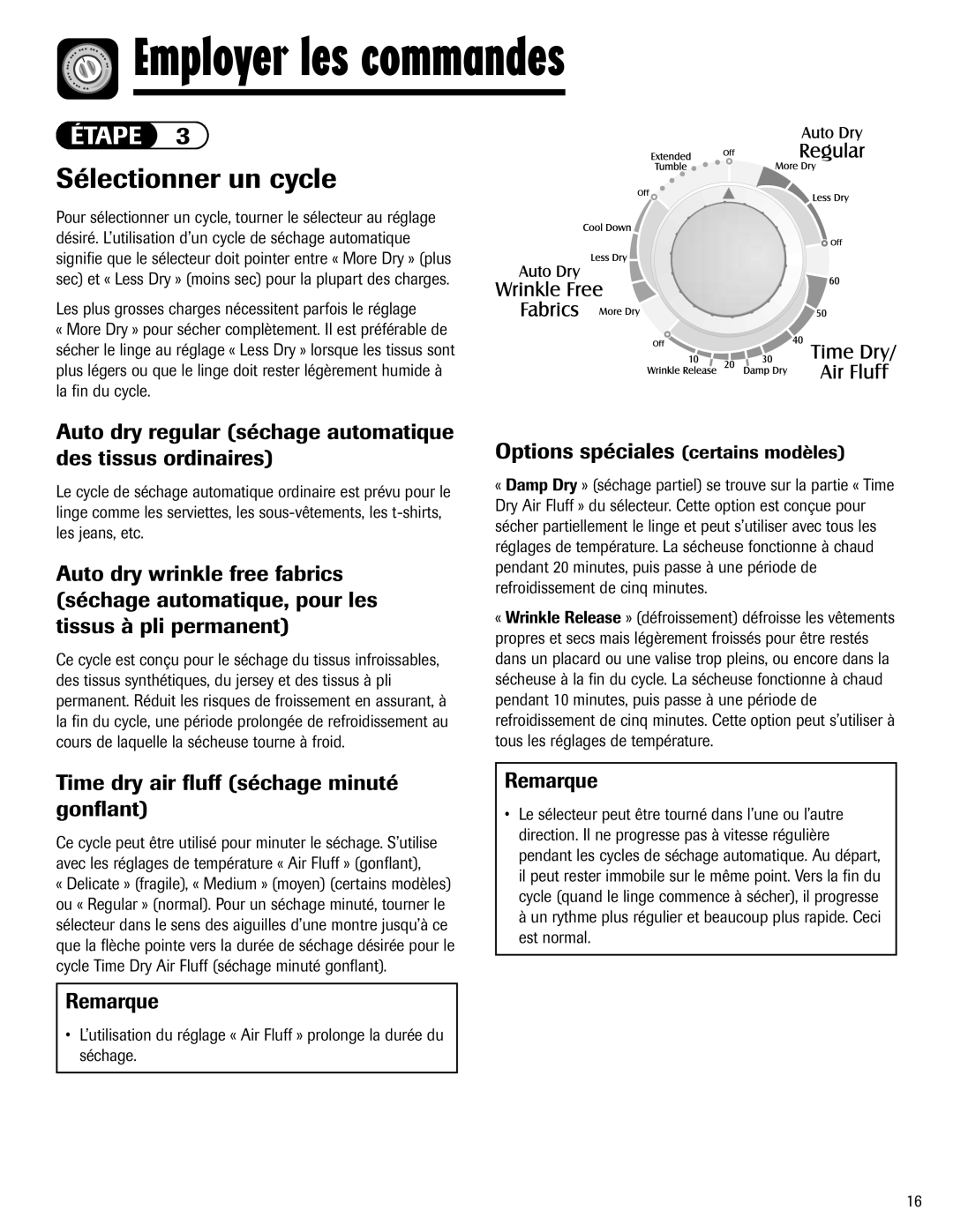 Maytag S-8 warranty Sélectionner un cycle, Auto dry regular séchage automatique des tissus ordinaires 