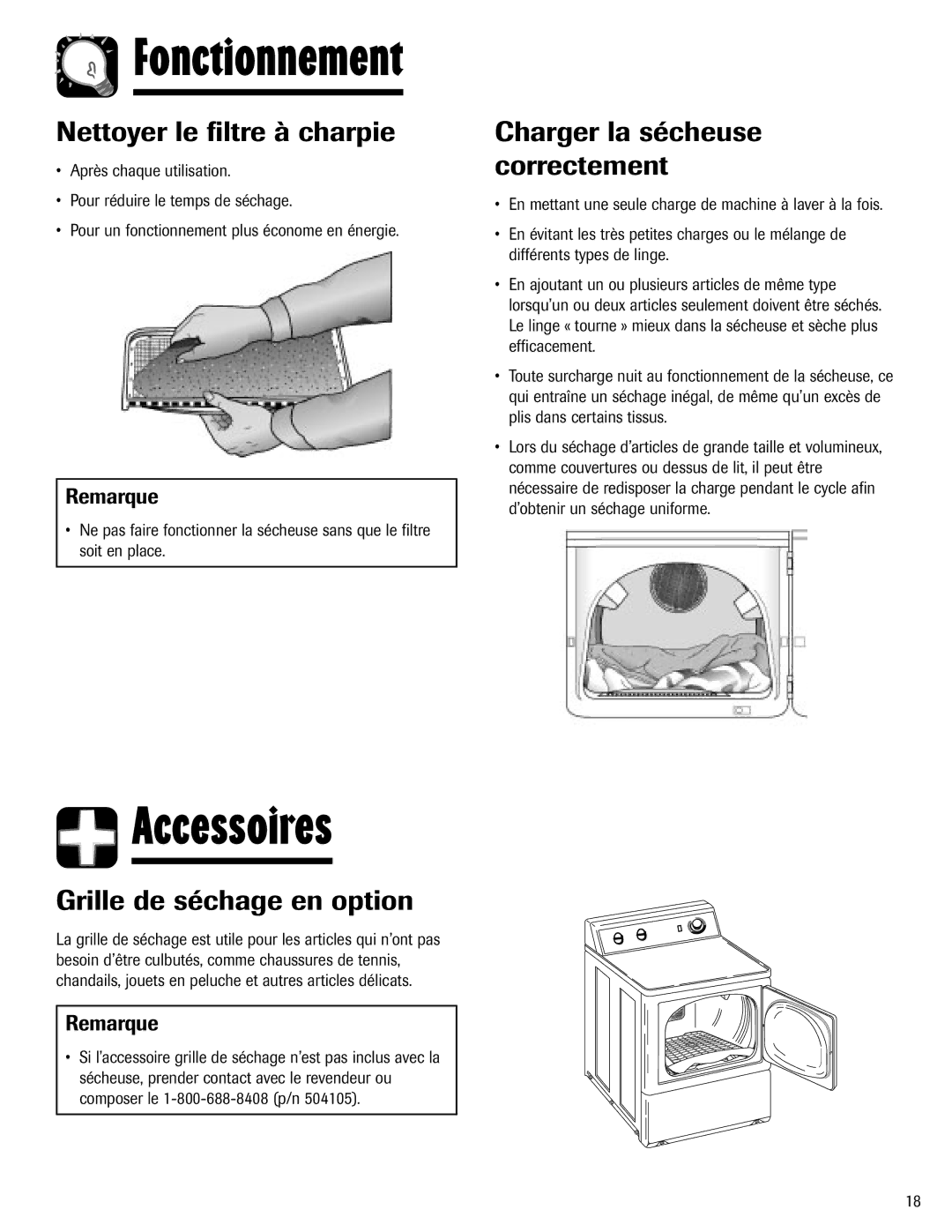 Maytag S-8 Accessoires, Nettoyer le filtre à charpie, Charger la sécheuse correctement, Grille de séchage en option 