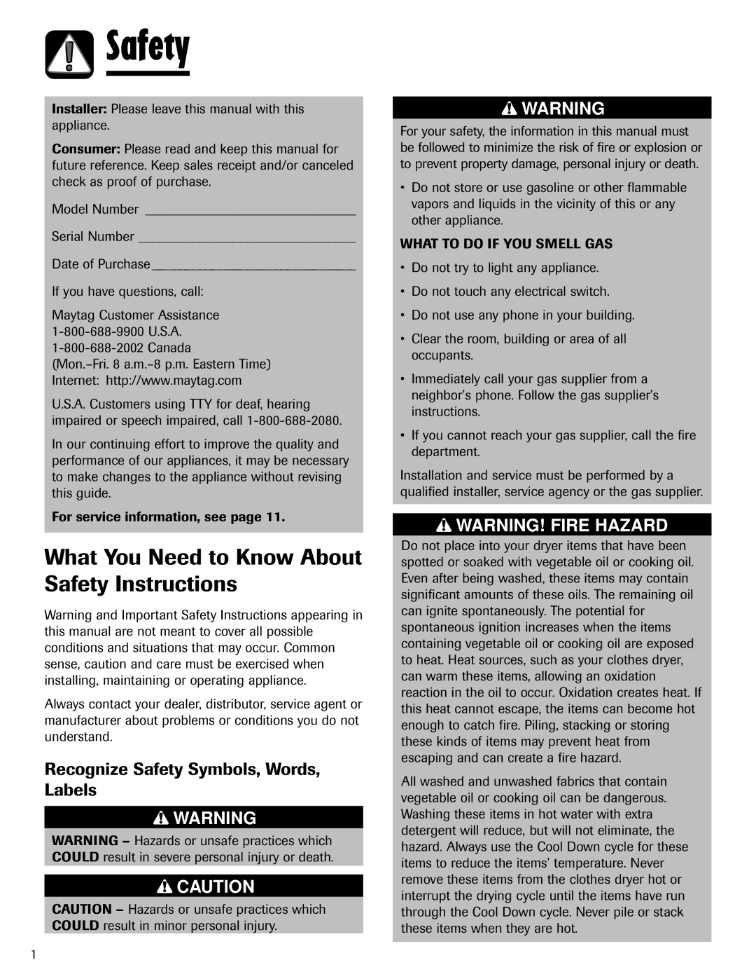 Maytag S-8 warranty What You Need to Know About Safety Instructions, Recognize Safety Symbols, Words, Labels, Canada 