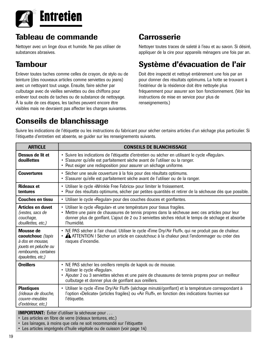 Maytag S-8 warranty Entretien 