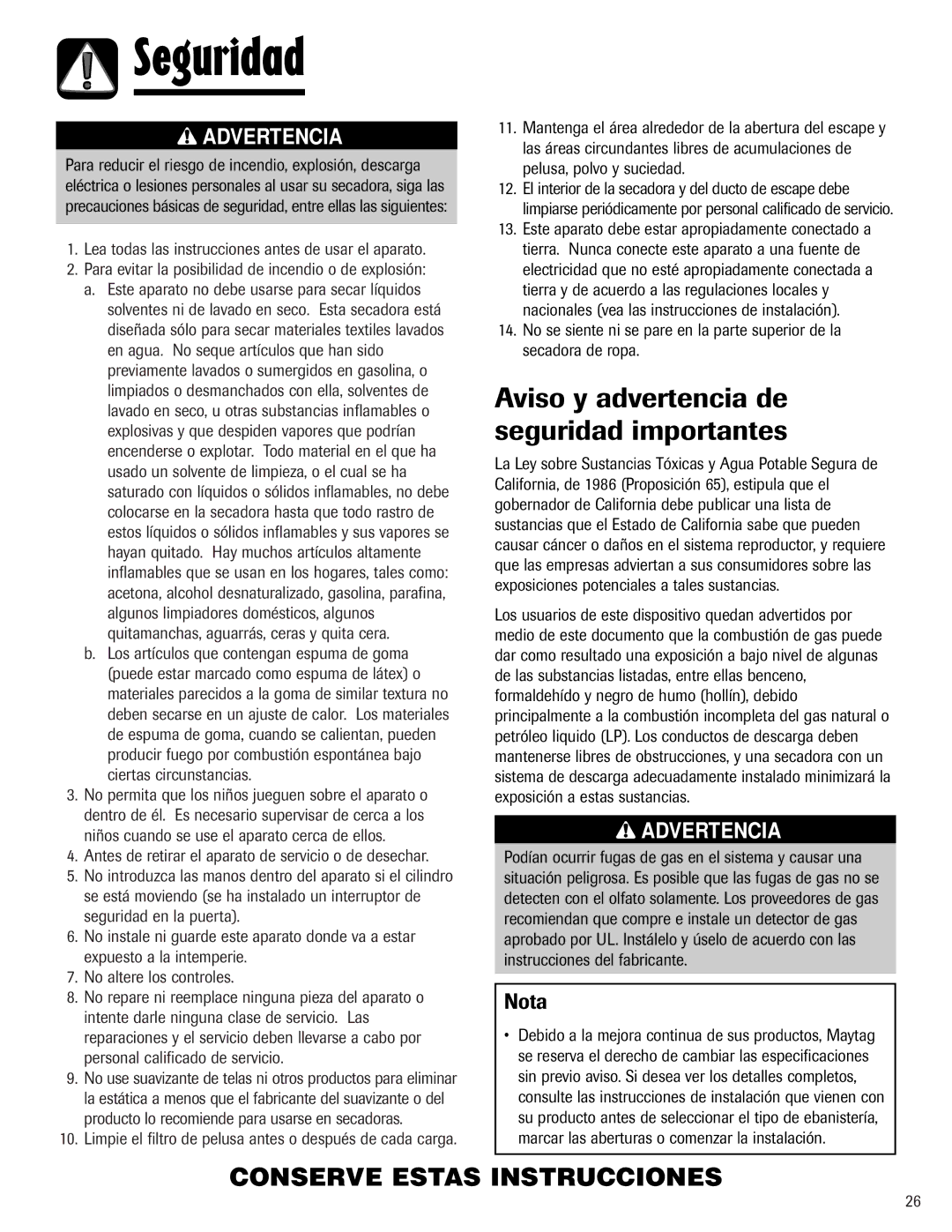 Maytag S-8 warranty Aviso y advertencia de seguridad importantes, Nota 