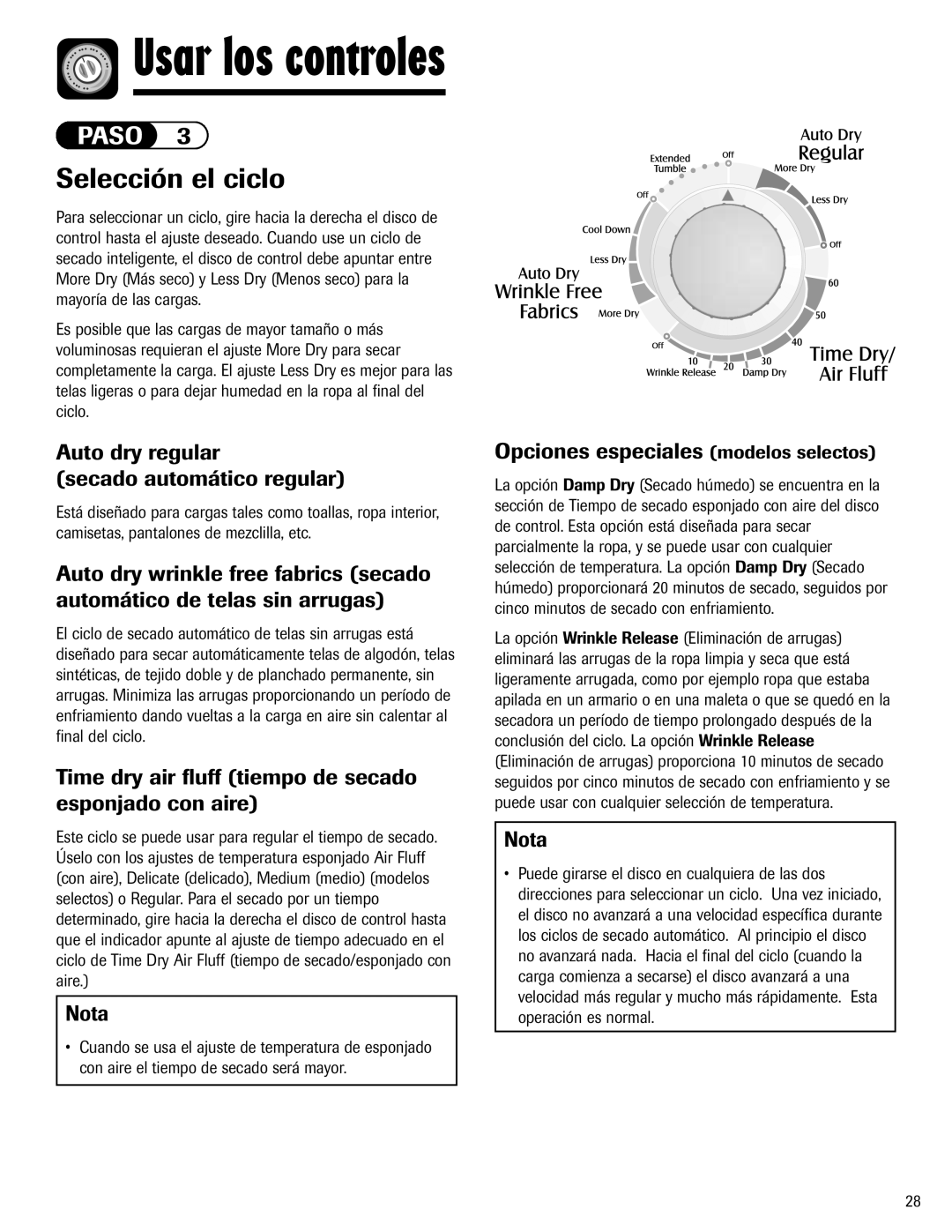 Maytag S-8 warranty Selección el ciclo, Auto dry regular Secado automático regular, Opciones especiales modelos selectos 