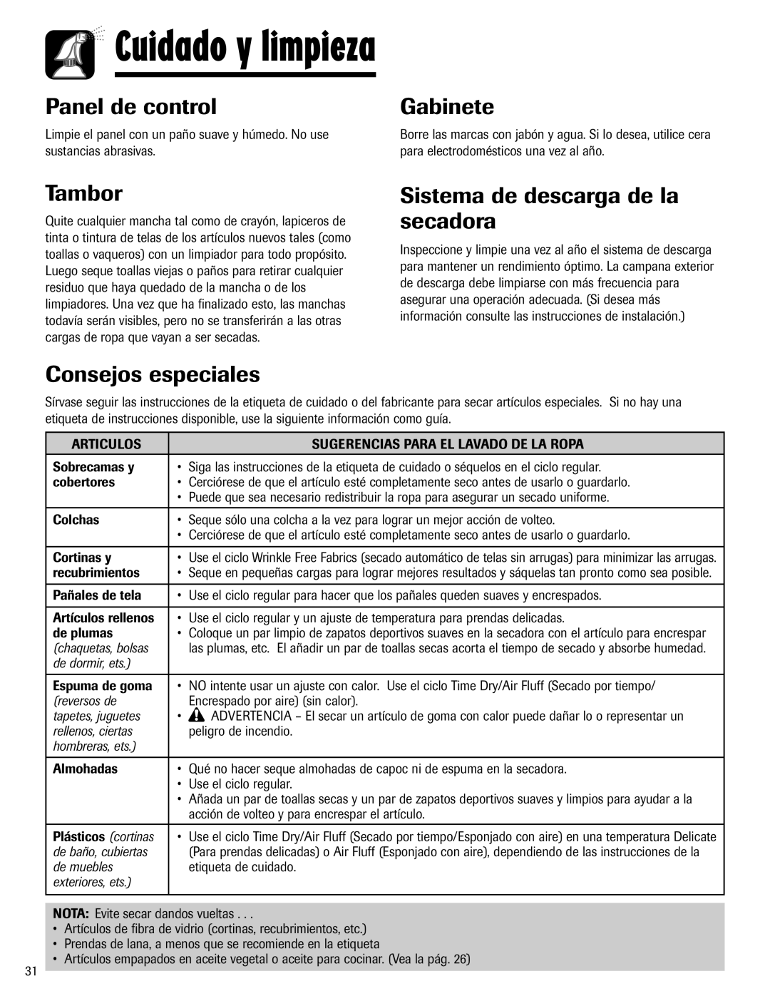 Maytag S-8 warranty Panel de control, Gabinete, Tambor, Sistema de descarga de la secadora, Consejos especiales 