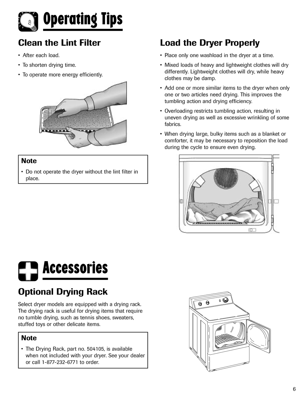 Maytag S-8 warranty Accessories, Clean the Lint Filter, Load the Dryer Properly, Optional Drying Rack 