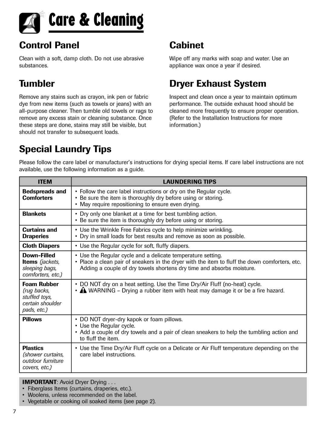 Maytag S-8 warranty Control Panel, Cabinet, Tumbler, Dryer Exhaust System, Special Laundry Tips 