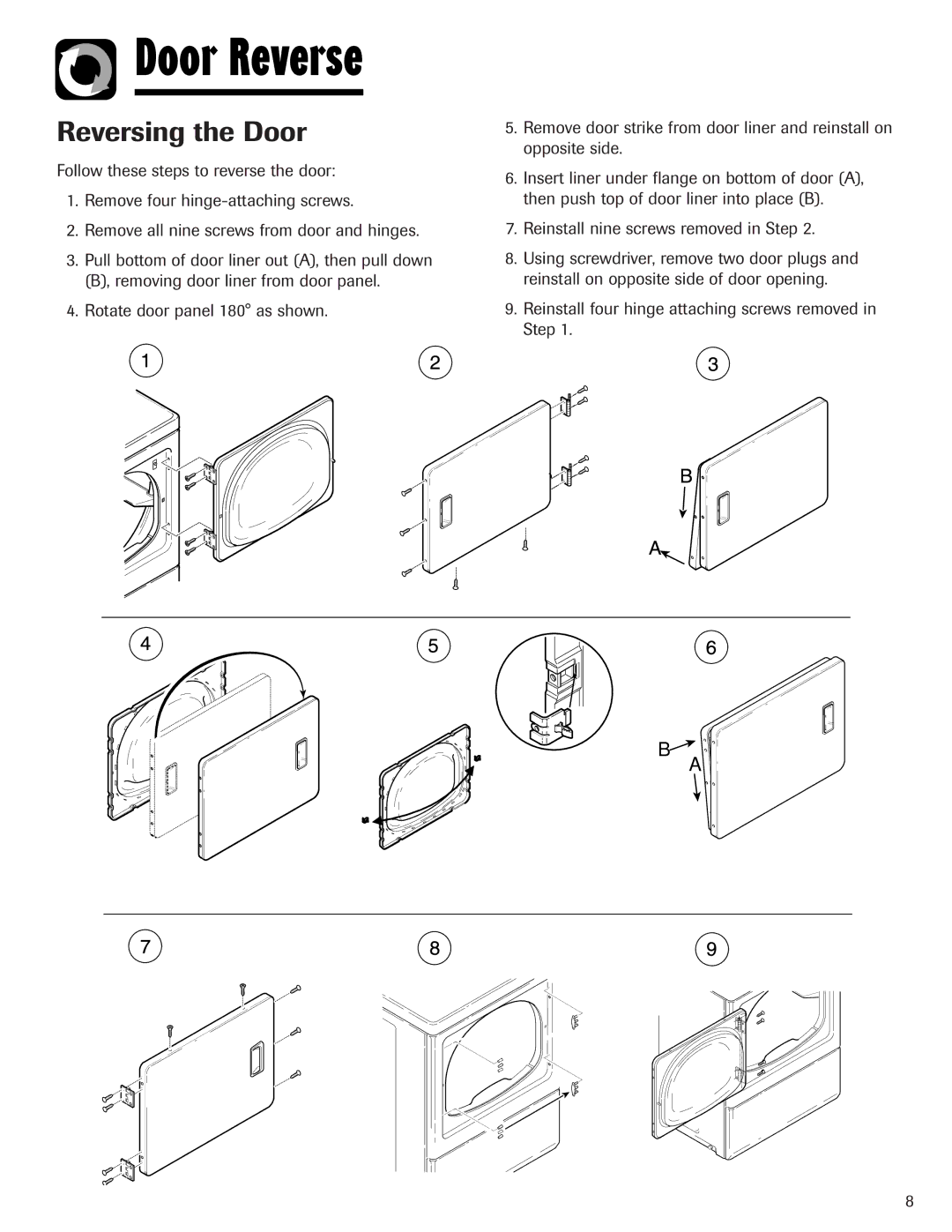 Maytag S-8 warranty Door Reverse, Reversing the Door, Reinstall four hinge attaching screws removed in Step 