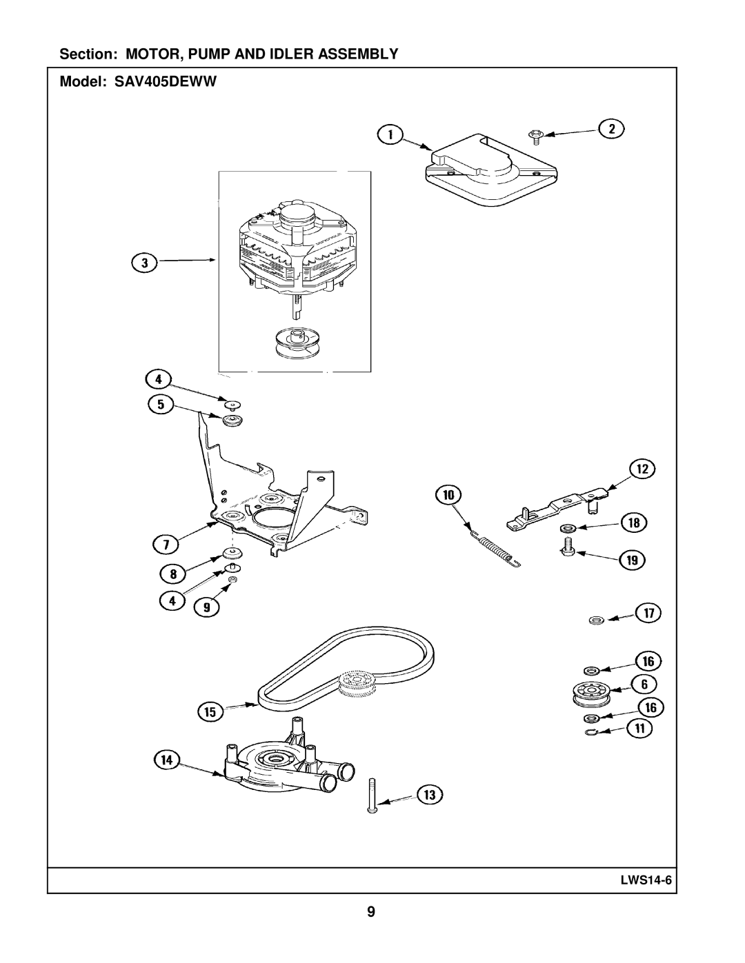 Maytag manual Section MOTOR, Pump and Idler Assembly Model SAV405DEWW 