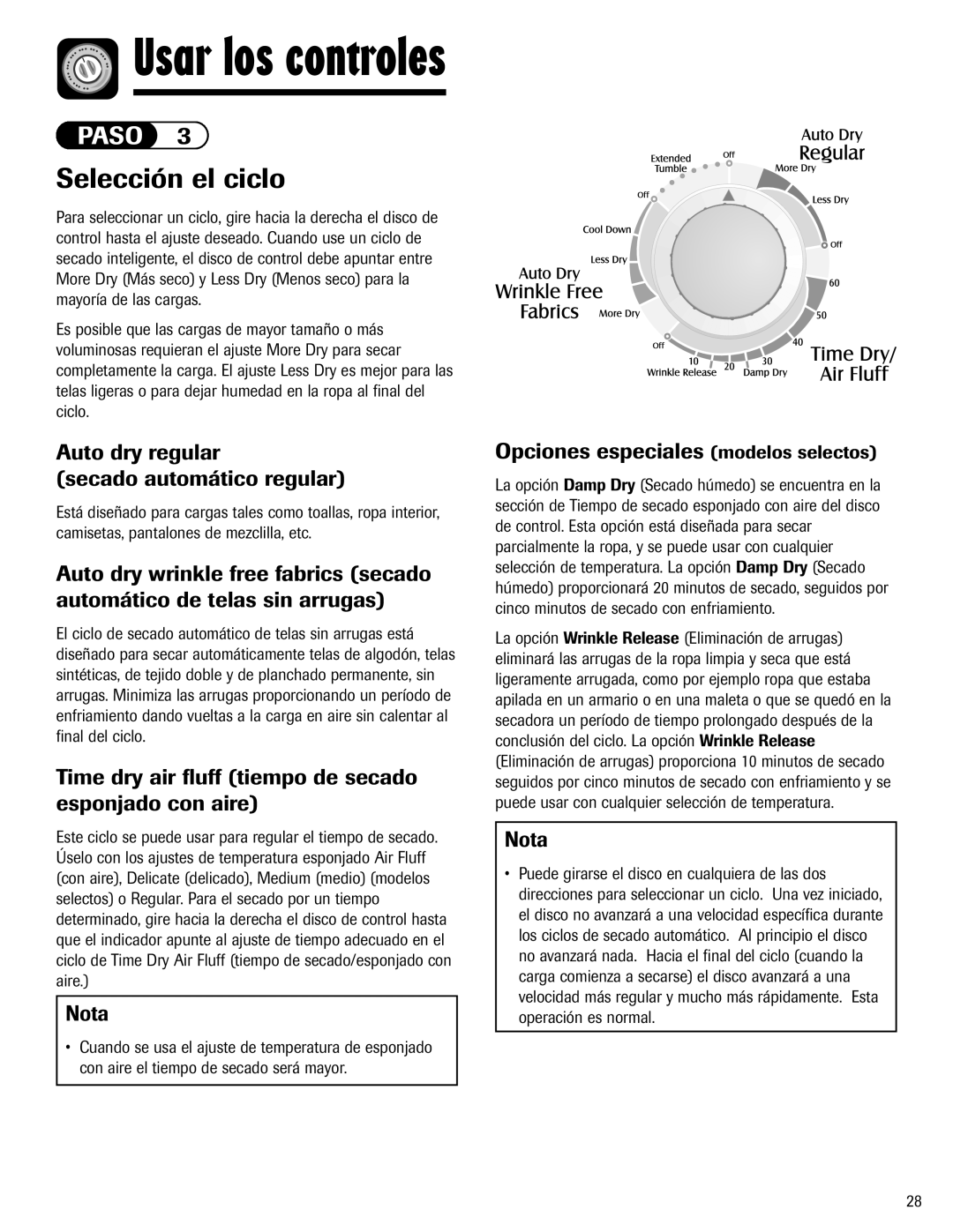 Maytag SD-8 warranty Selección el ciclo, Auto dry regular Secado automático regular, Opciones especiales modelos selectos 