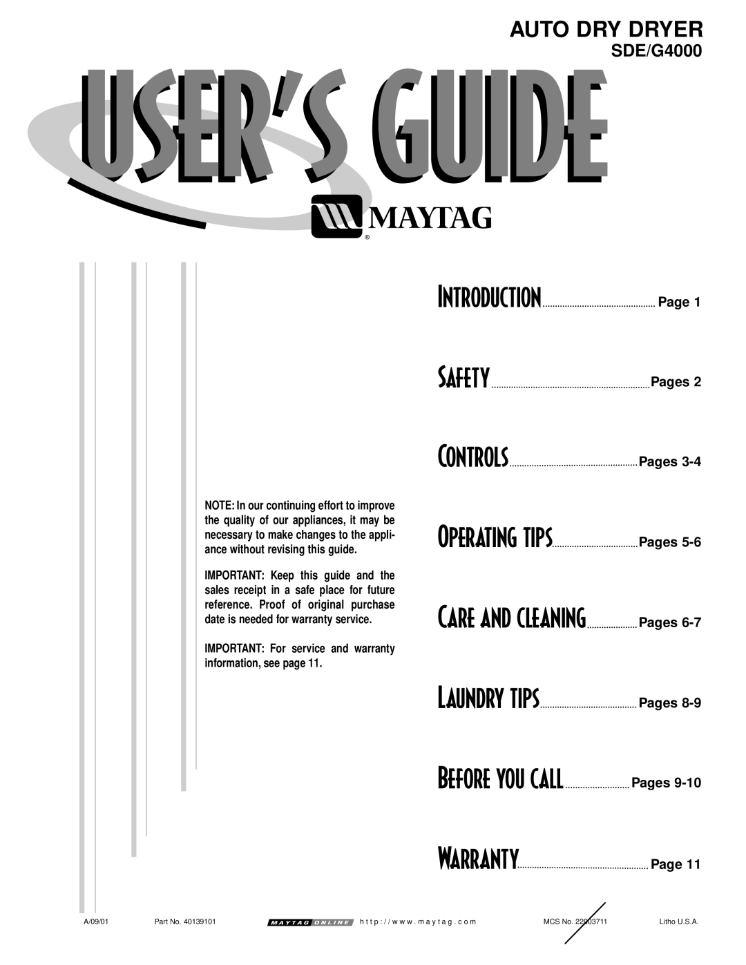 Maytag SDE/G4000 warranty Pages, Important For service and warranty information, see 