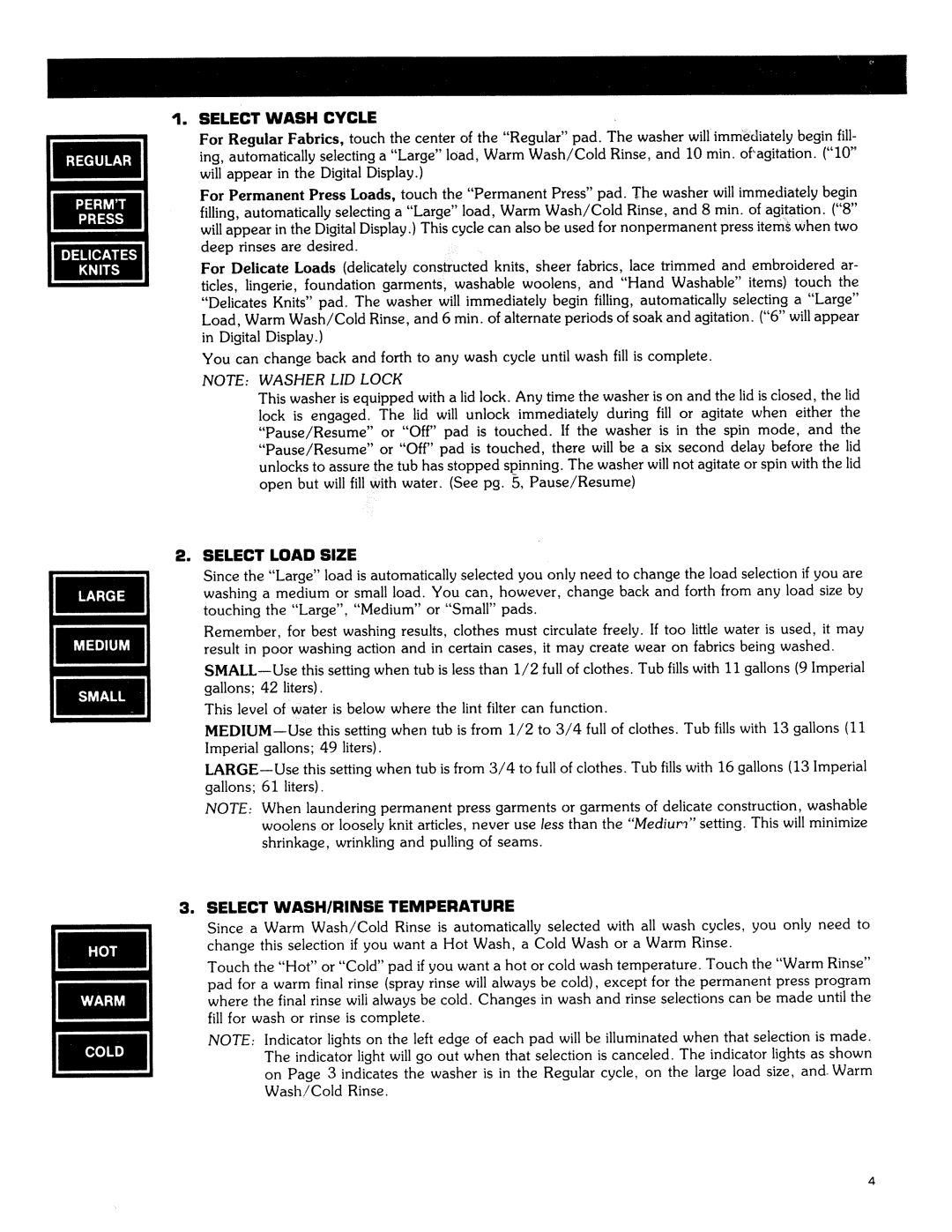 Maytag SE1000 operating instructions Select Wash Cycle, Select Load Size, Select WASH/RINSE Temperature 