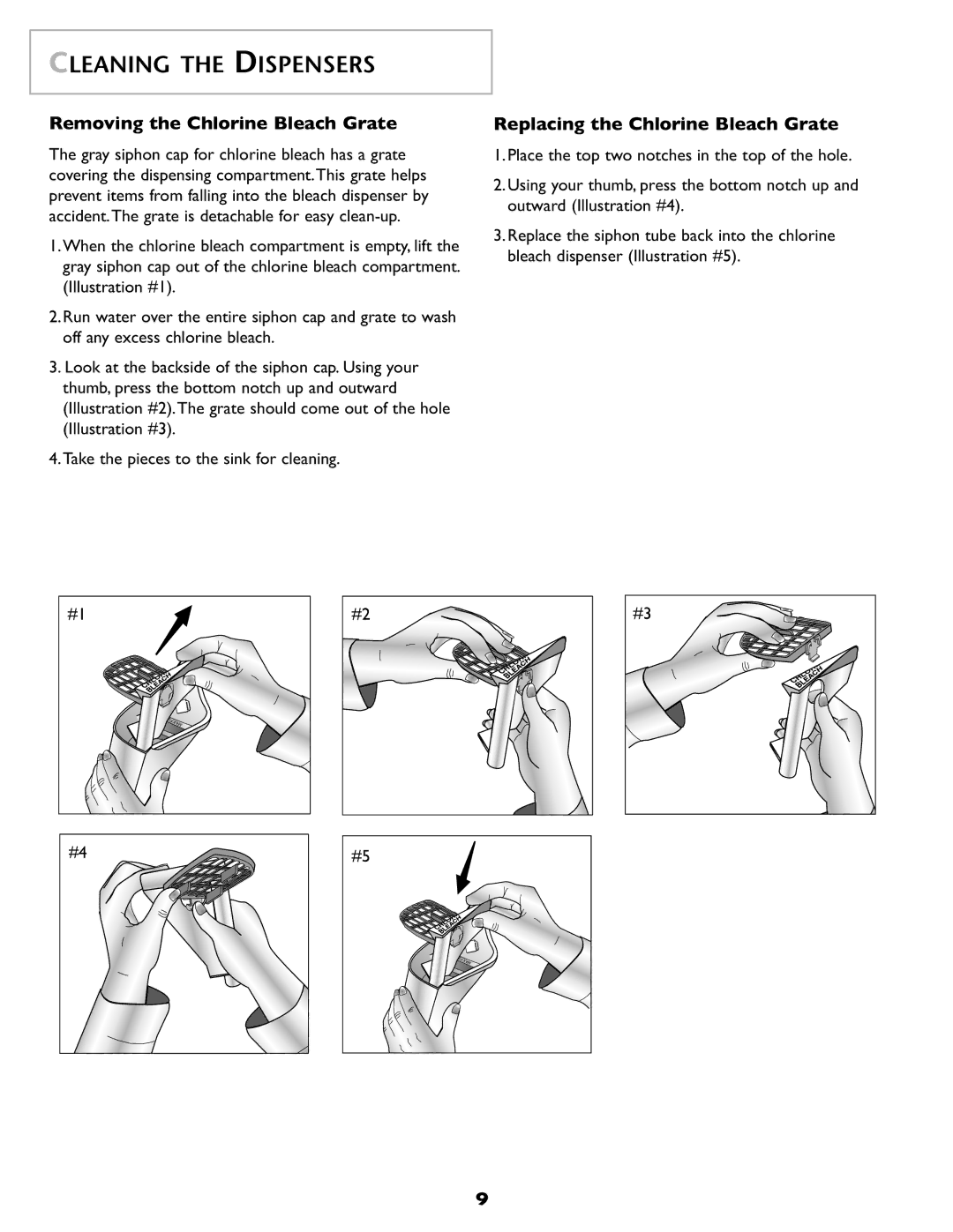 Maytag SL-3 important safety instructions Replacing the Chlorine Bleach Grate 