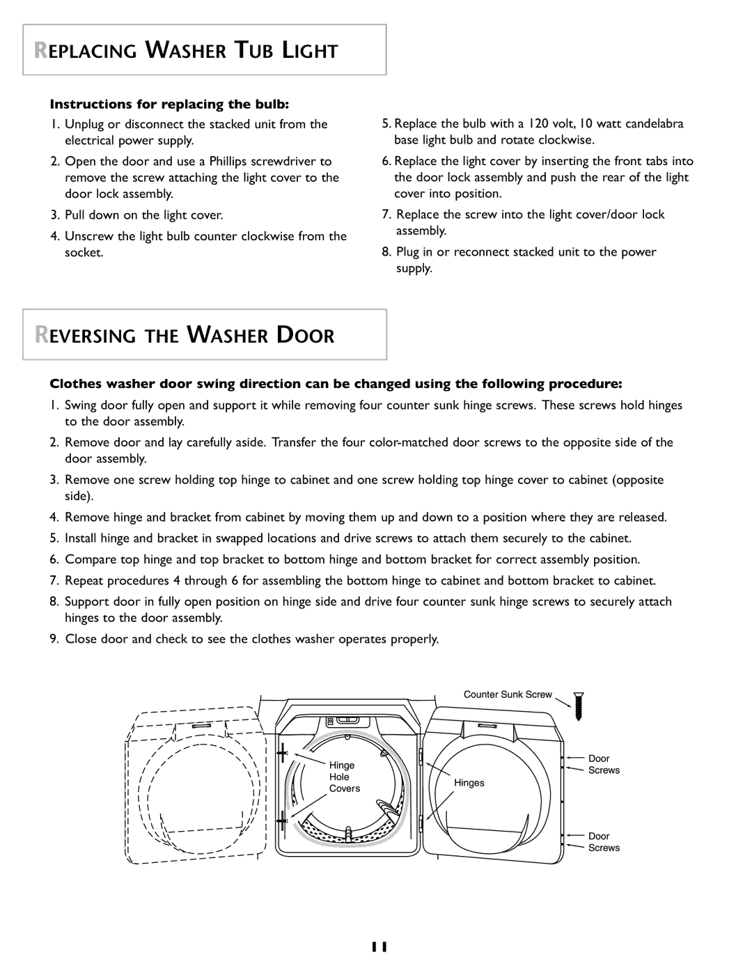 Maytag SL-3 Replacing Washer TUB Light, Reversing the Washer Door, Instructions for replacing the bulb 