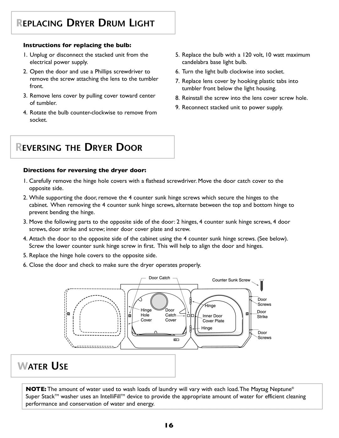 Maytag SL-3 Replacing Dryer Drum Light, Reversing the Dryer Door, Water USE, Directions for reversing the dryer door 