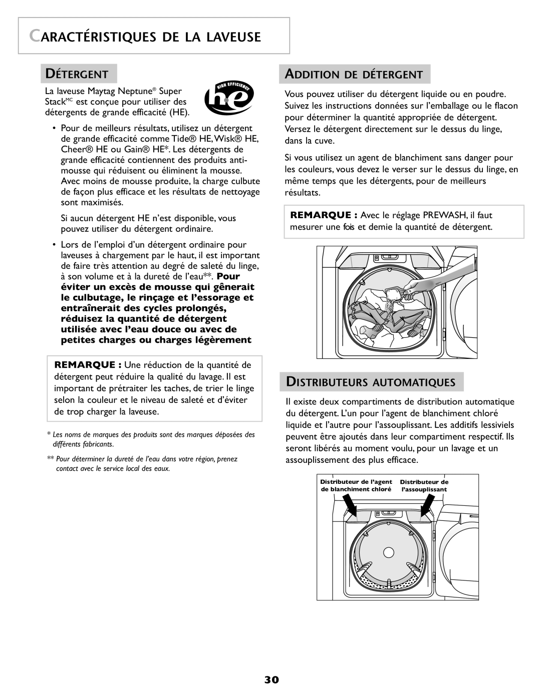 Maytag SL-3 Caractéristiques DE LA Laveuse, Addition DE Détergent, Distributeurs Automatiques 