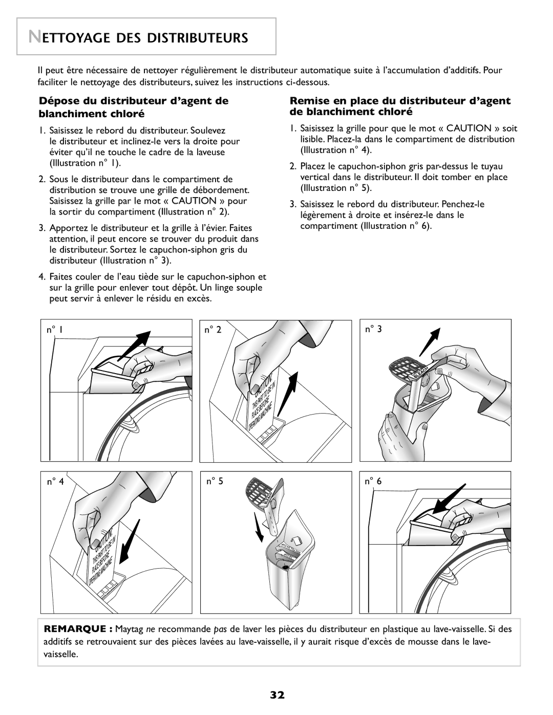 Maytag SL-3 important safety instructions Nettoyage DES Distributeurs, Saisissez le rebord du distributeur. Soulevez 