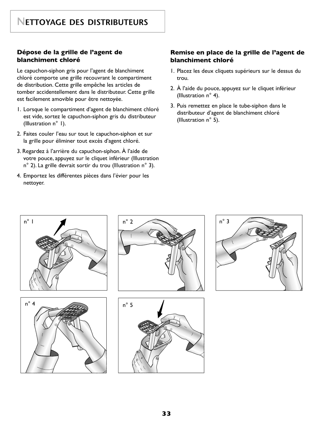 Maytag SL-3 important safety instructions Dépose de la grille de l’agent de blanchiment chloré 