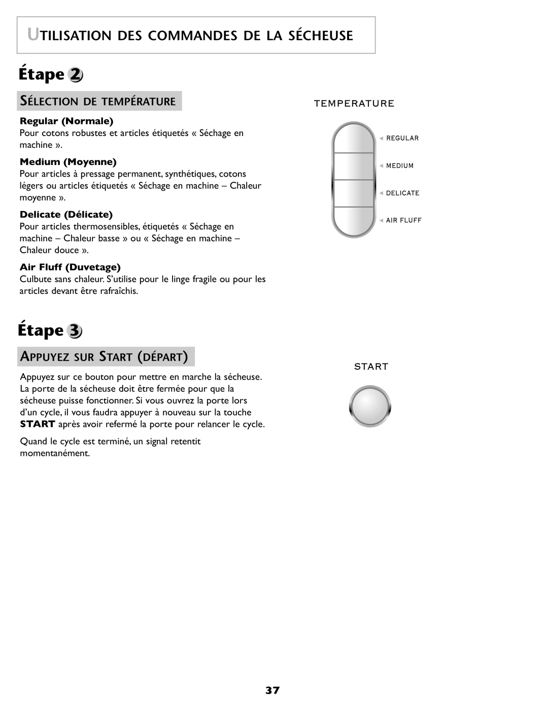 Maytag SL-3 important safety instructions Sélection DE Température, Appuyez SUR Start Départ 