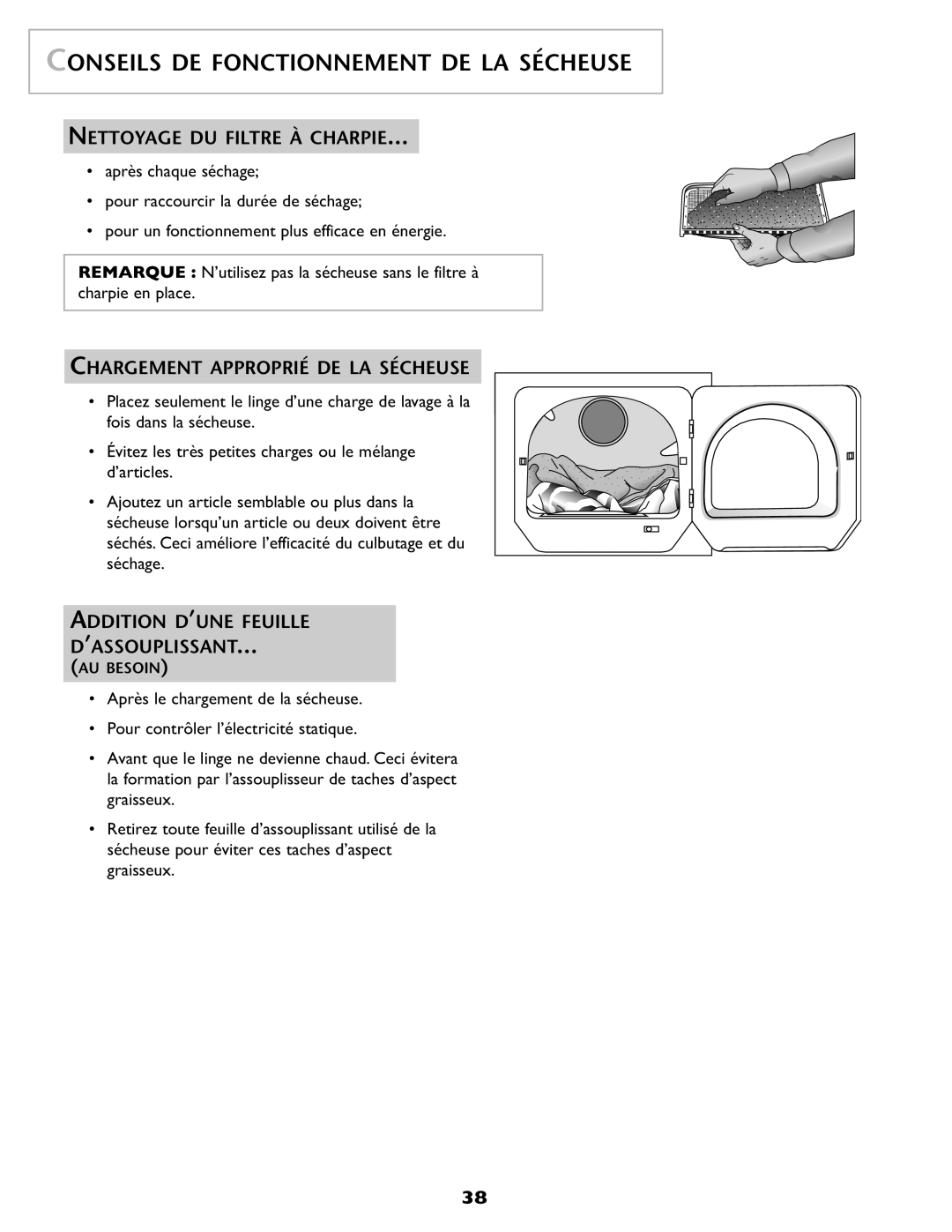 Maytag SL-3 Conseils DE Fonctionnement DE LA Sécheuse, Nettoyage DU Filtre À Charpie, Chargement Approprié DE LA Sécheuse 