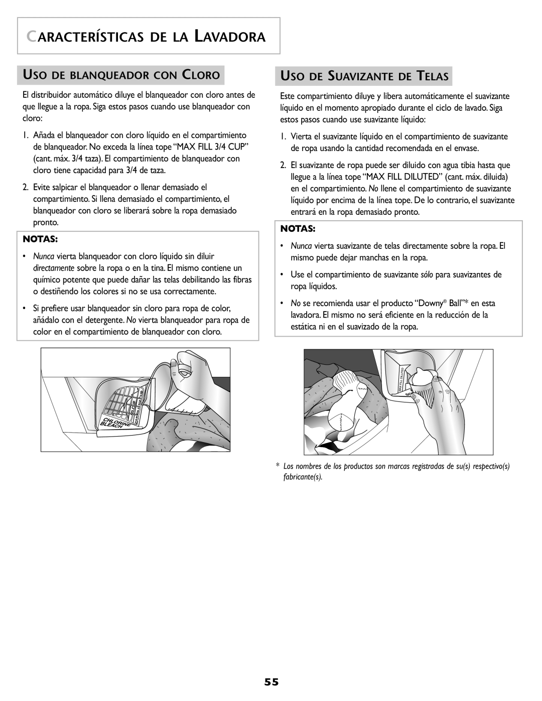 Maytag SL-3 important safety instructions USO DE Blanqueador CON Cloro, USO DE Suavizante DE Telas, Notas 