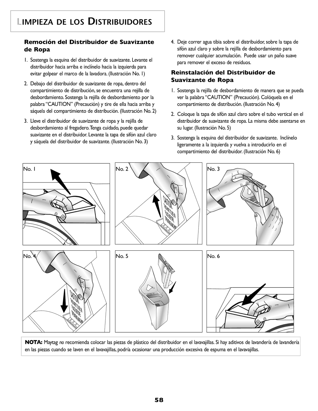 Maytag SL-3 important safety instructions Remoción del Distribuidor de Suavizante, De Ropa, Suavizante de Ropa 