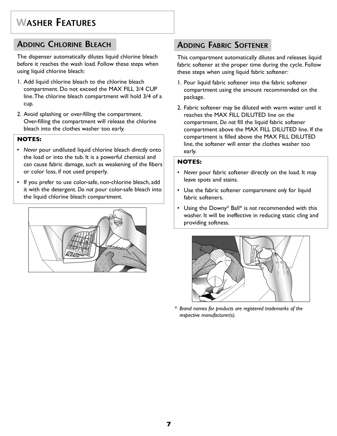 Maytag SL-3 important safety instructions Adding Chlorine Bleach, Adding Fabric Softener 