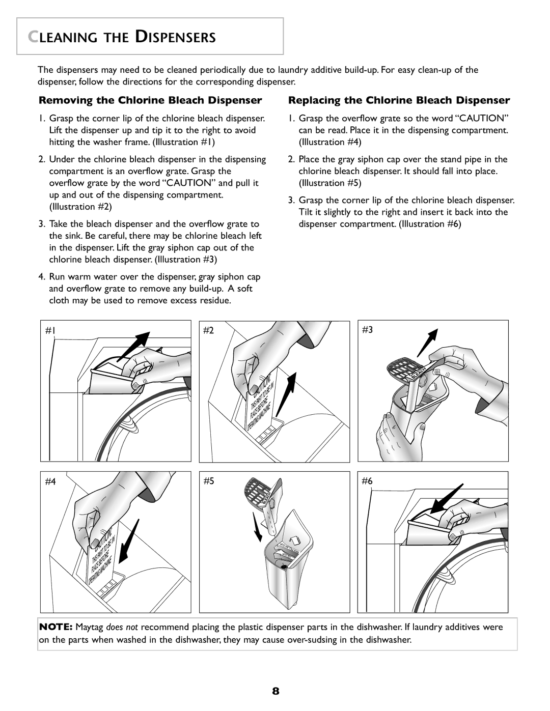 Maytag SL-3 important safety instructions Cleaning the Dispensers, Laundry additive build-up. For easy clean-up 